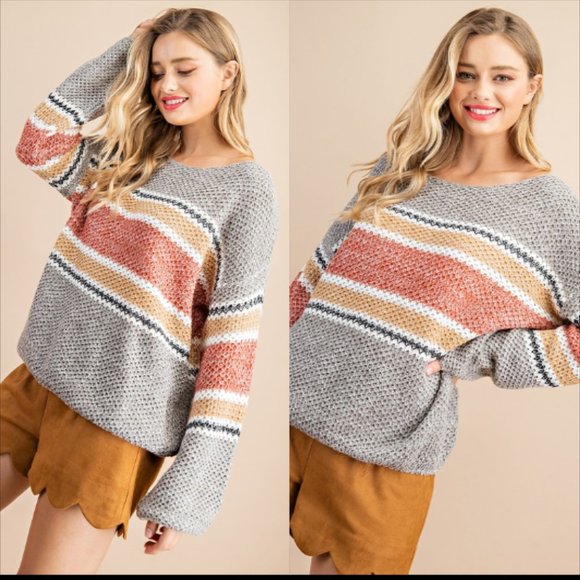 Wide Neck Rust Striped Sweater - Picture 4 of 4